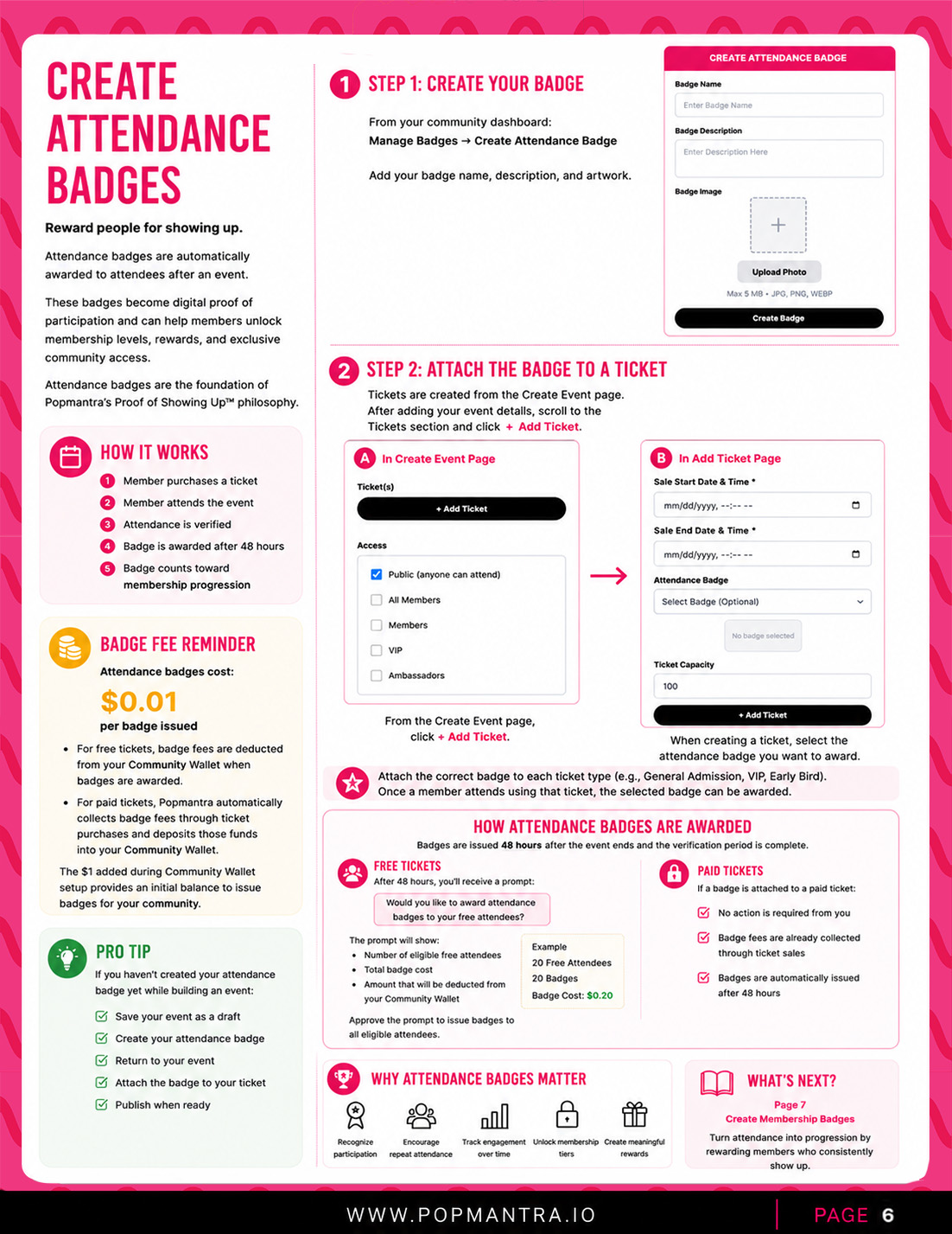 Attendance badges page from the Popmantra guide